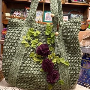 Green Woven Tote Bag with Purple Floral Accent